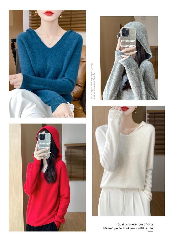 Women's 100% Wool Hooded Sweater: Autumn/Winter Knit, Loose, Soft, Trendy.