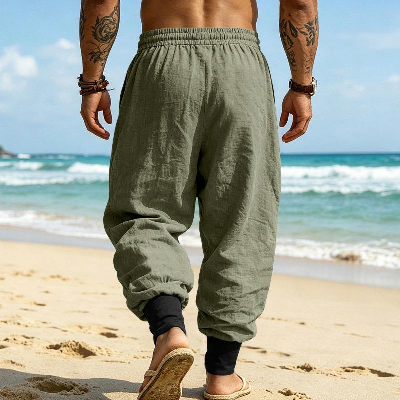 Men Linen Jogger Pants Loose Fit Drawstring Waist Breathable Tapered Leg Cuffed Hem Casual Beach Holiday Trousers