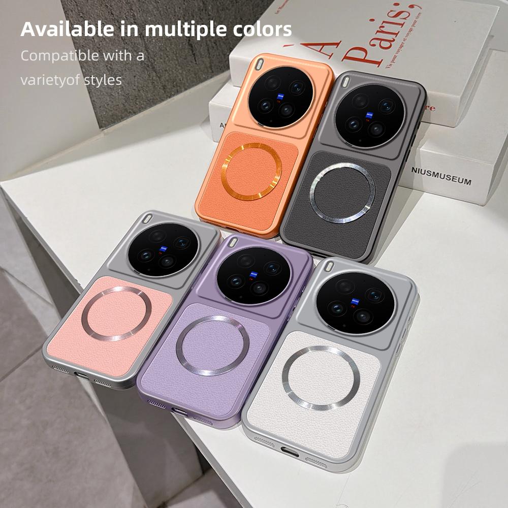 For Magsafe Wireless Charging Case For Vivo X300 Ultra X200 X100 S X90 X80 X70 X60 X50 Pro Metallic Paint+PU Lambskin Soft Back