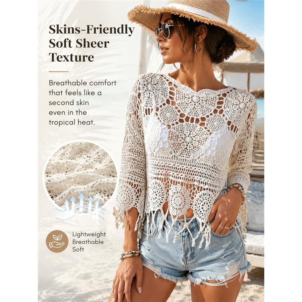 Damen Uni Fransen Cut-Out Durchsichtiges Überwurf-Boho Muschelsaum 3/4 Ärmel Strand Sarong für Urlaub Pool