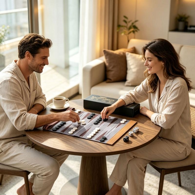 Flexible Backgammon Game Set with PU Playing Board and Acrylic Counters, Elastic Storage Closure for Camping, Commutes, and Indoor Play