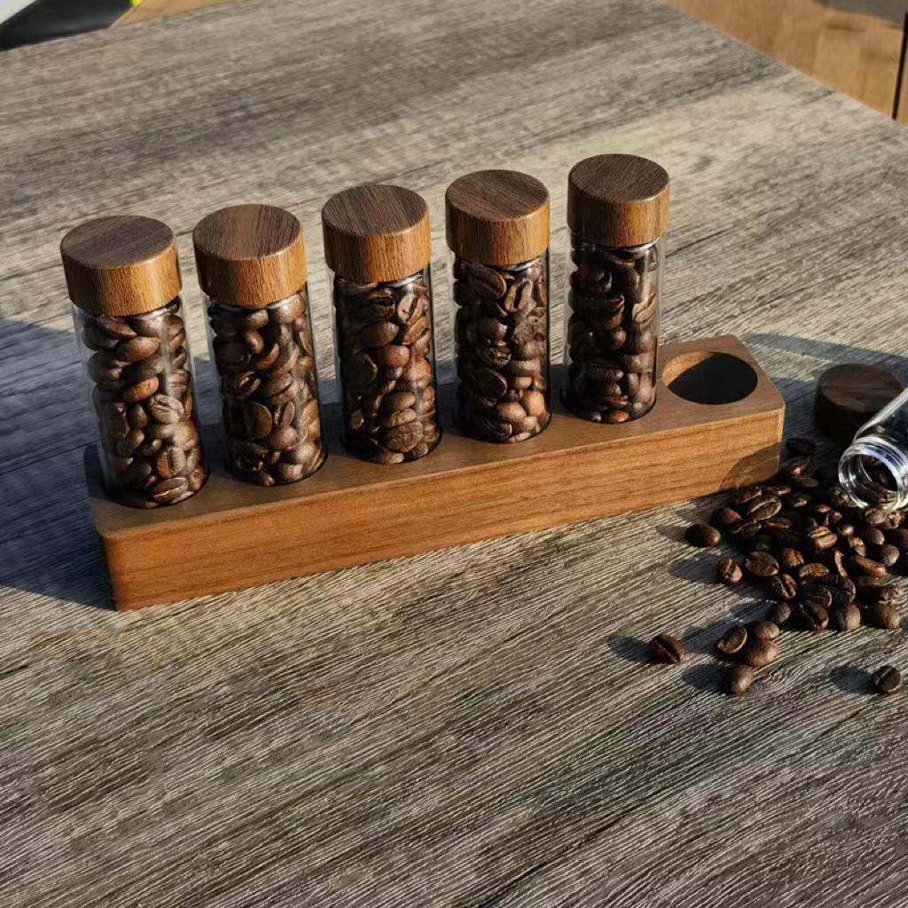 Wooden Coffee Beans Flower Tea Display Rack Stand Glass Test Tube Sealed Storage Cereals canister