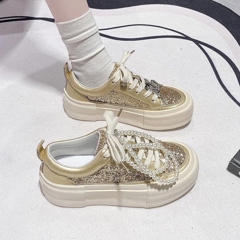 Platform-soled Fashion Board Shoes Women's 2025 New Spring and Autumn Models Versatile Rhinestone Silver Sports and Leisure Shoes Trend