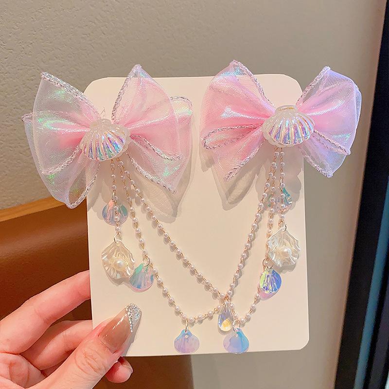 Pearl Headdress Children's Princess Fringed Hairpin Girls Mermaid Hair Accessories Forehead Chain Bow Hairpin