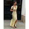 Women's Deep V Neck Short Sleeve Knit Maxi Dress Slim Fit Front Split Bodycon Mermaid Gown