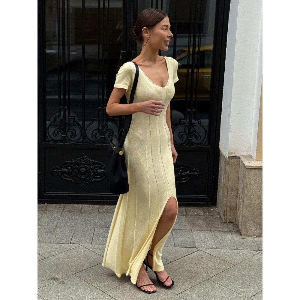 Women's Deep V Neck Short Sleeve Knit Maxi Dress Slim Fit Front Split Bodycon Mermaid Gown