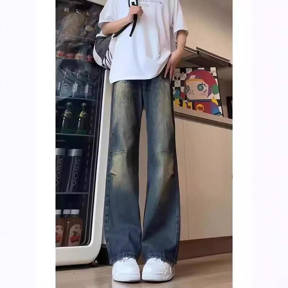 American street washed old jeans men's spring and autumn straight loose European and American high street vibe style long pants