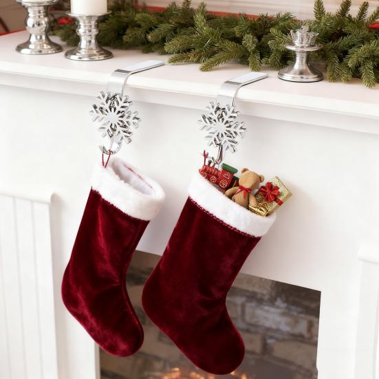 Mantel Christmas Stocking Hook Metal Stocking Holder on Fireplace Snowflake Reindeer Tree Santa Mantel Hook for Hanging Holiday Decorations Garlands