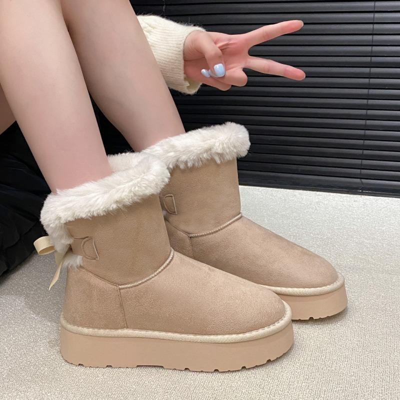 Winter New Cotton Boots Women's Round Toe Suede Plush Bow Platform Snow Boots