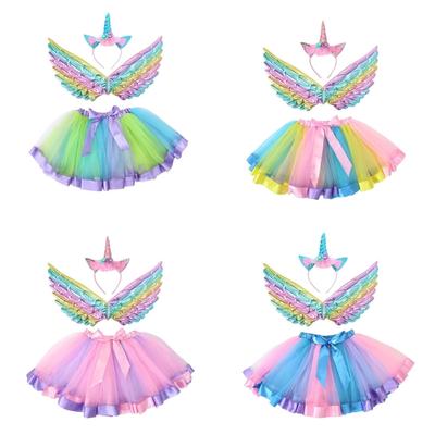 3Pcs Kids Girls Fairy Wing with Unicorns Headbands Tutus Skirt Set Halloween Birthday Parties Princesses Dress Up Toy
