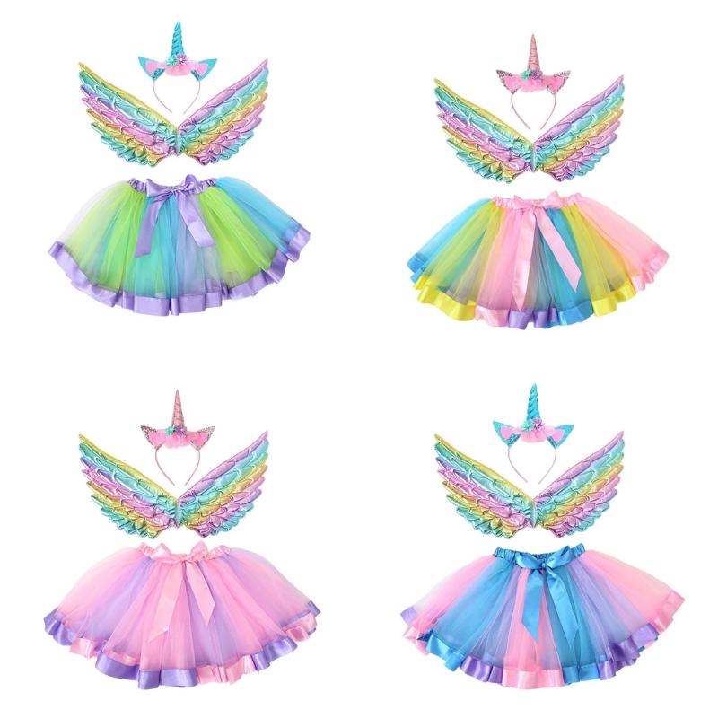 Fairy Wing Unicorns Headbands Tutus Skirts for Kids Girls Unicorns Pretend Play Costume Halloween Birthday Party Decors