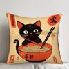 Cute Black Cat Pillowcase Ramen Noodle Cushion Cover Japanese Anime Cat Art Kawaii Food Theme Decor for Sofa Bedroom
