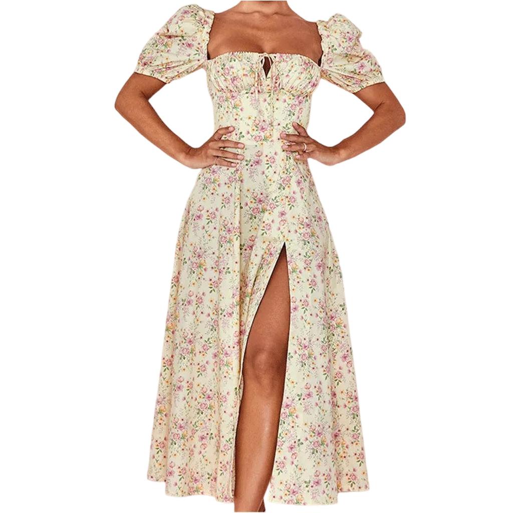 Women Summer Casual Short Sleeve Split Floral Printed Ladies Dress