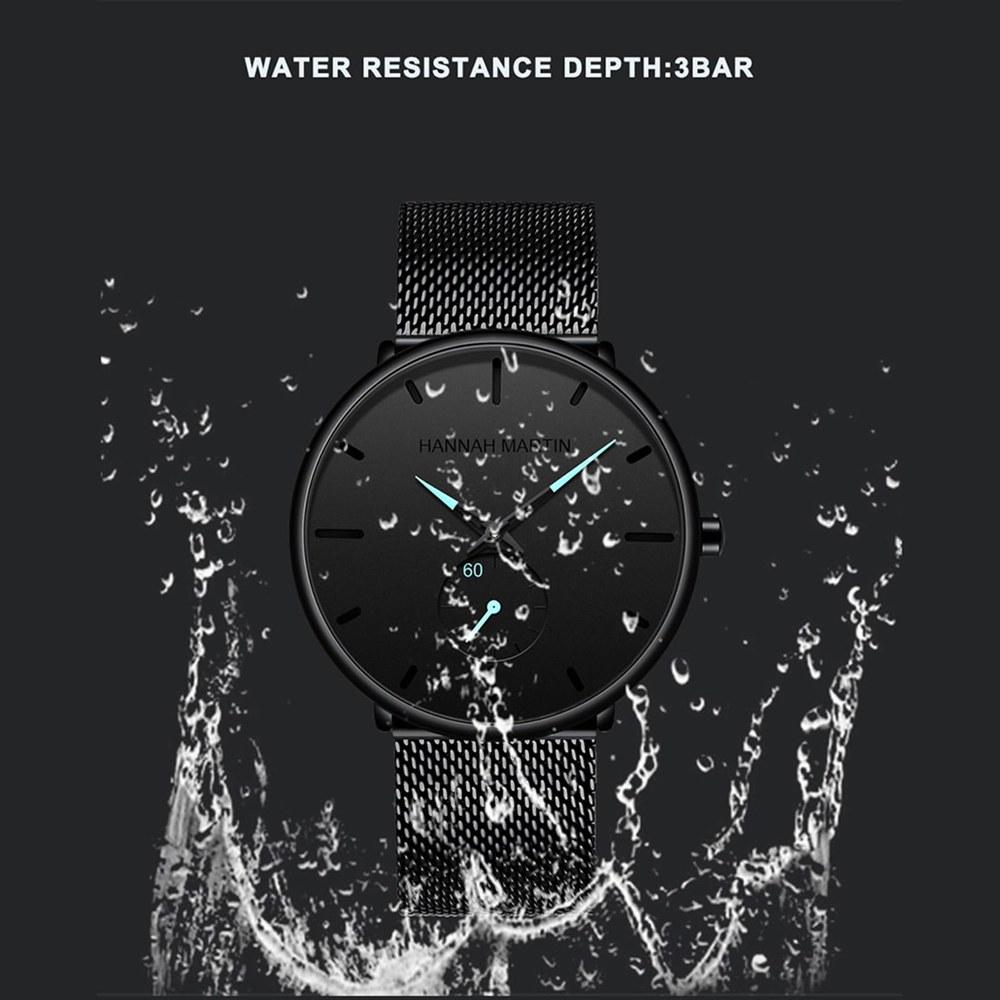 Hannah Martin Men's Ultra-Thin Dress Watch Waterproof Stainless Steel Band Black