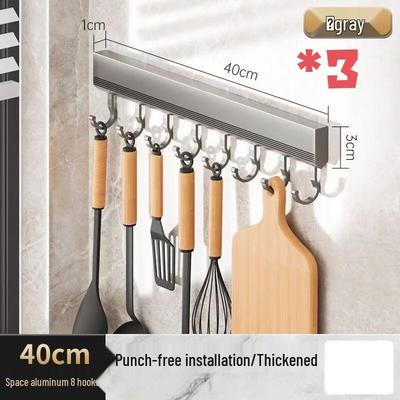 Punch-Free Space Aluminum Kitchen Utensil Rack with Hooks