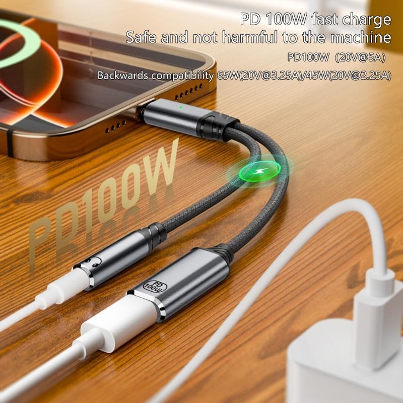 USB C to Headphone and Charging Cable 2 in 1 Adapter Cord PD100W Fast Charging Type C to Earphone Dongle Wire