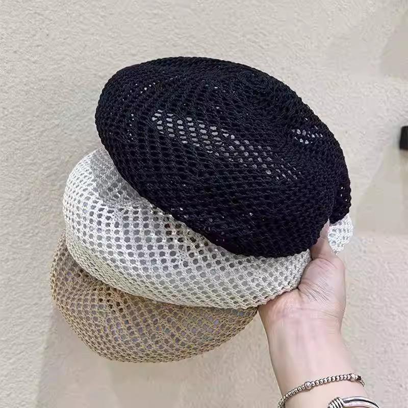 New Japanese Style Simple Woven Beret Ladies Spring Summer Thin Hollow Out Straw Beret British Beret Hollow Elegant Painter Hat