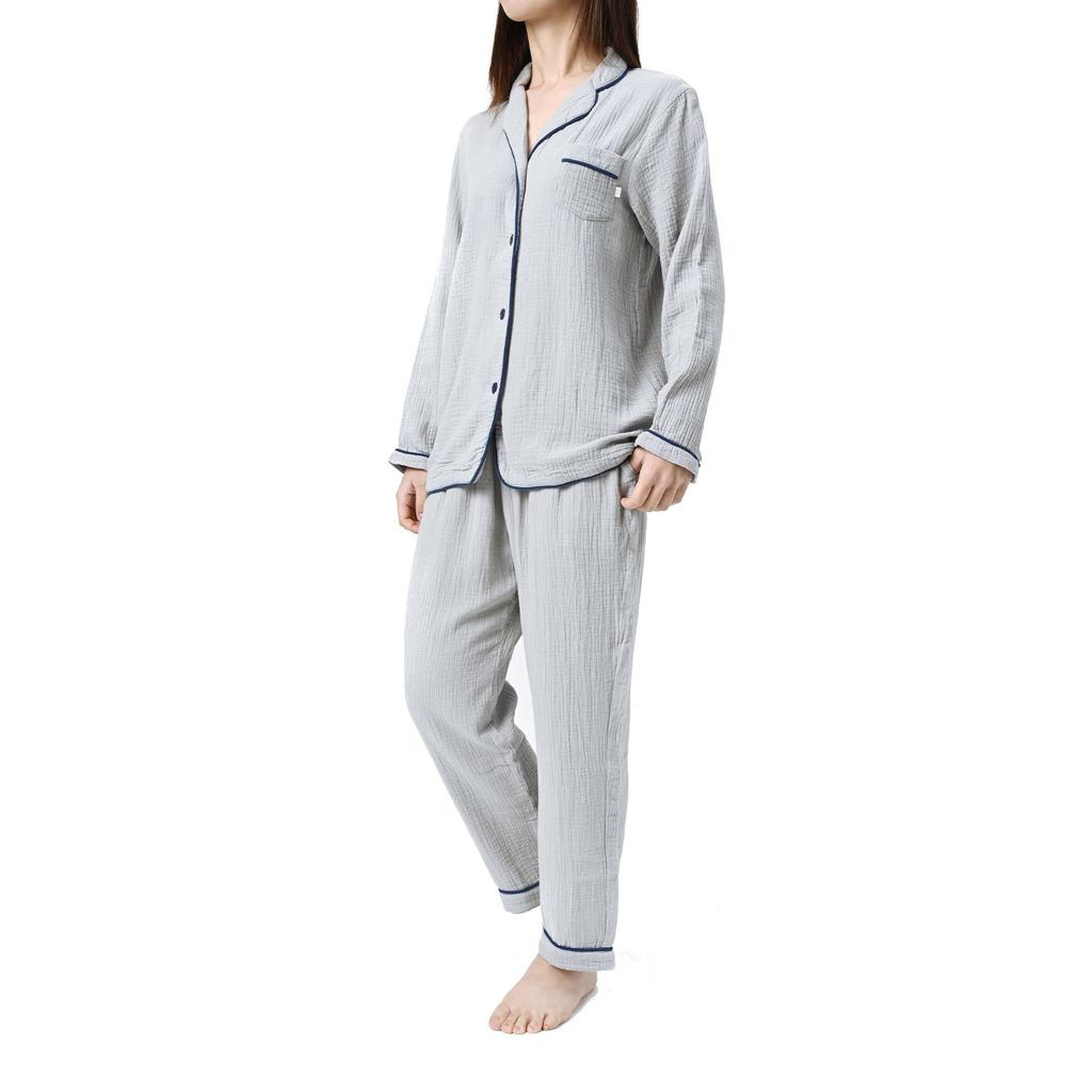 Six Rolls Long Sleeve Piping Double Gauze Pajama Solid Loungewear Women's Set, Color, 100% Cotton, (Size Small, Gray)