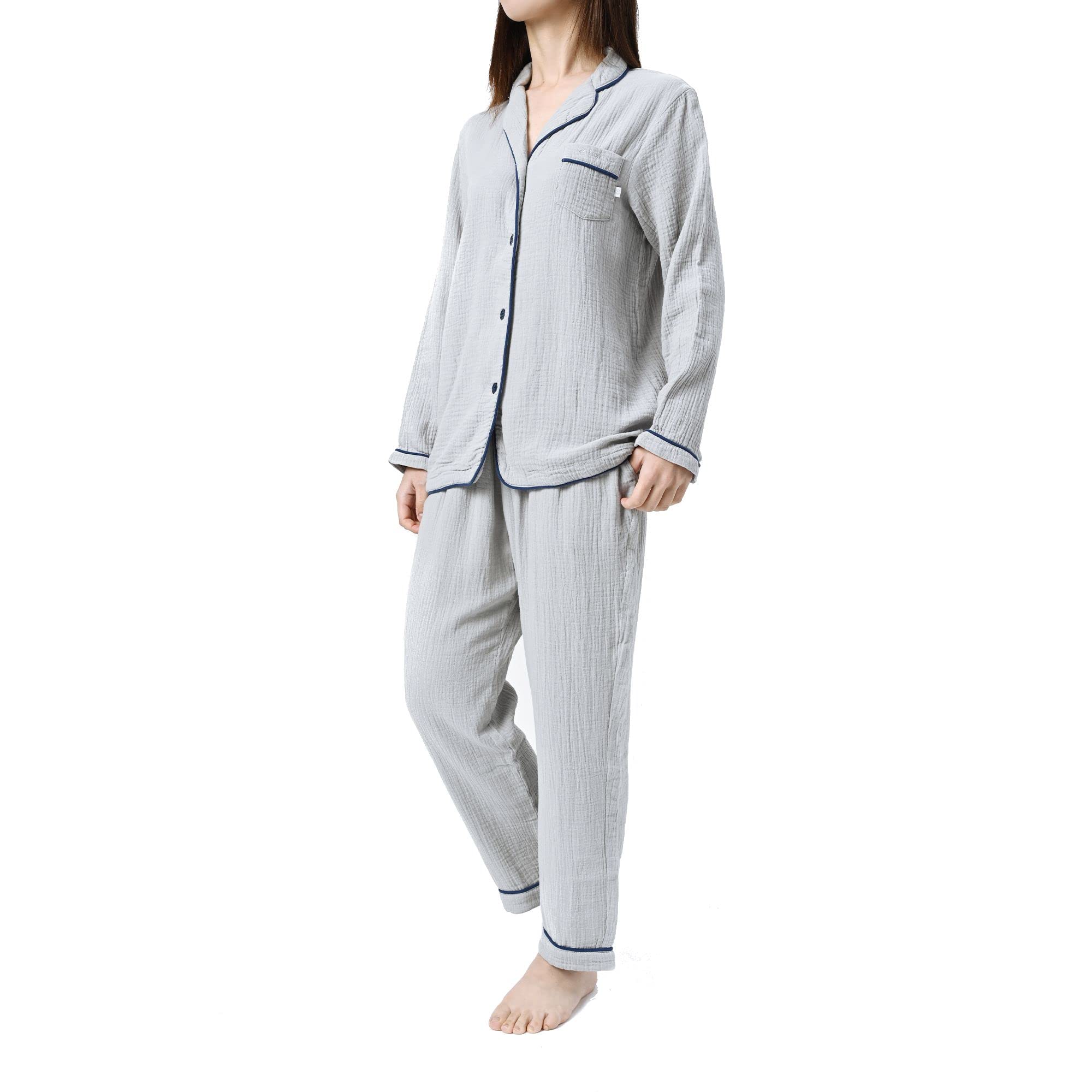 

Six Rolls Long Sleeve Piping Double Gauze Pajama Solid Loungewear Women s Set, Color, 100% Cotton, (Size Small, Gray) серый