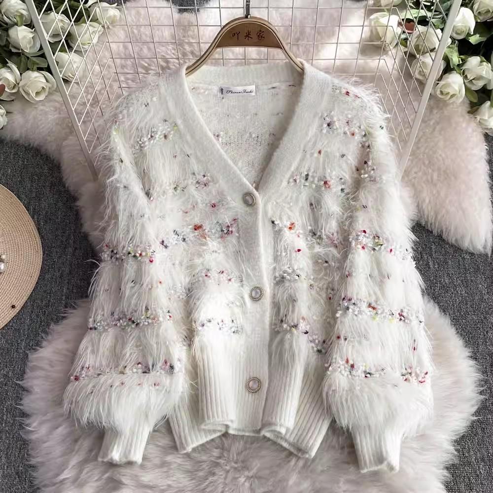 Autumn Winter Women Two Piece Set Small Fragrant V Neck Furry Knit Cardigan Sweater Coat And Sequined Cascading Mesh Long Skirt Suit