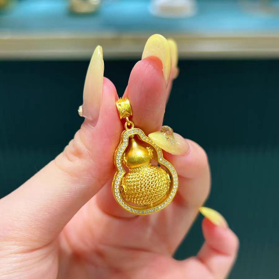 שרשרת תליון דלעת עם אבני חן זהב וייטנאמית: קמע פו לו מסתובב עם עיצוב סיני אלגנטי