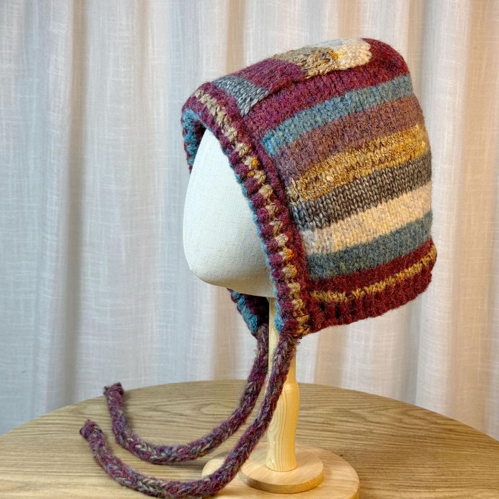 Retro Color Blocked Lace Up Knitted Wool Hat for Women in Autumn and Winter Thickened Warm Ear Protection Balaclava Hat Trendy