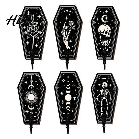 Gotischer Stil Wandaufbewahrung Halloween Holz Haken mit Mond Stern Skelett Mustern Dekorativer Retro Schlüsselhalter für Künstlerisches Holz Eingangsbereich Flur