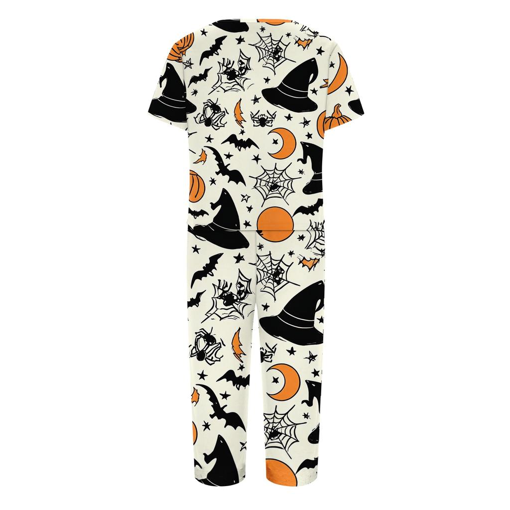 Women Two Piece Halloween Print Lounge Set Short Sleeve Top and Capri Pants Casual Pajama Set for Relaxed Fit