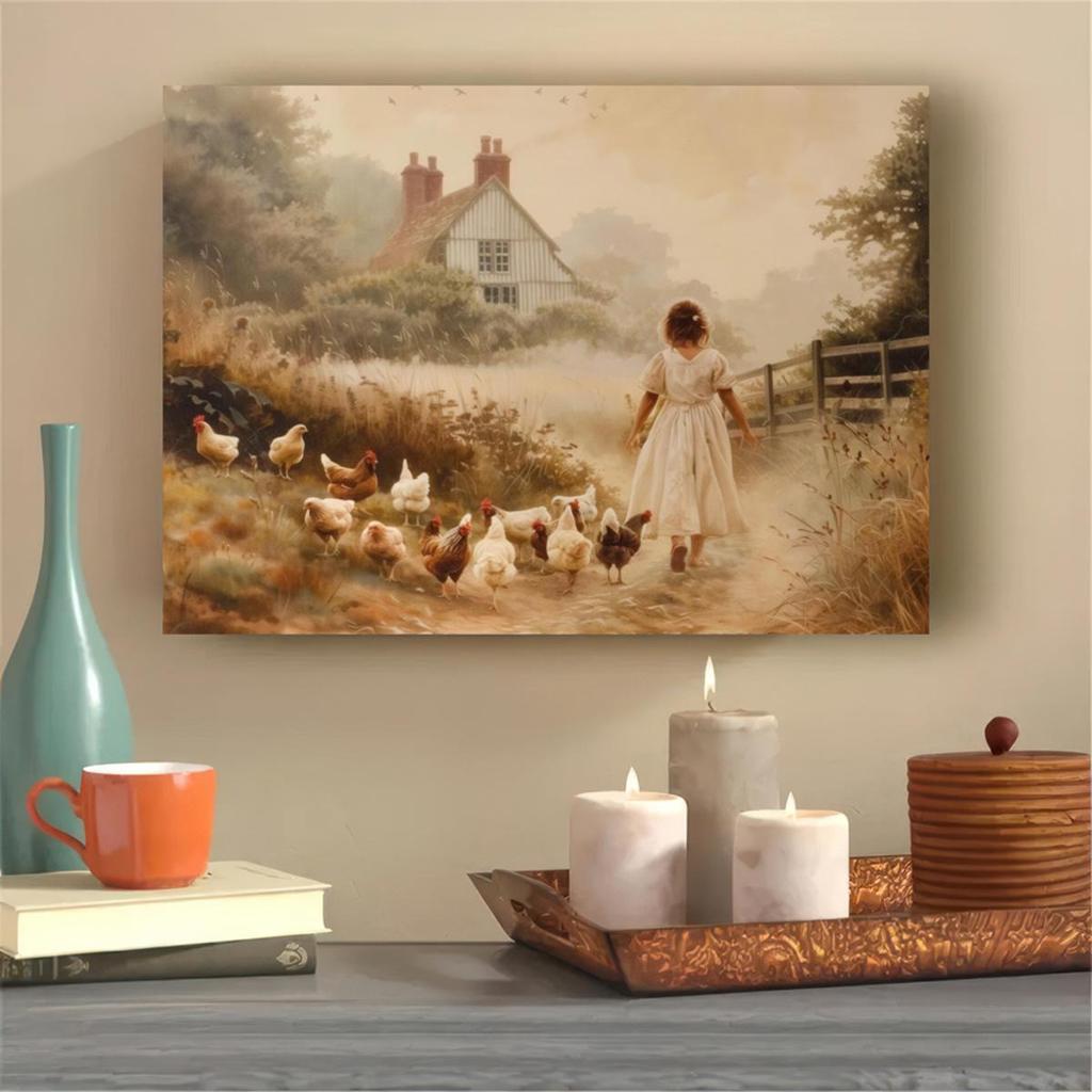 Charming Farmhouse Girl with Chick Canvas Art - Vintage Style Printed On Canvas Home Decor Wall Art Pictures For Living Room