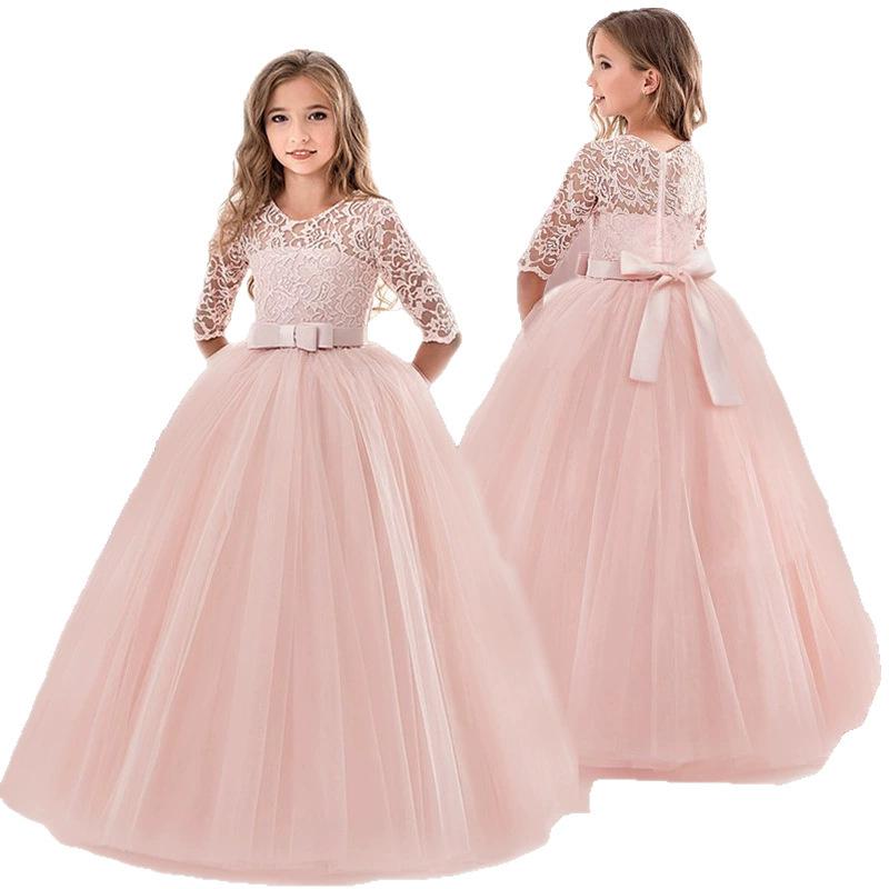 Girls bow puffy skirt flower girl wedding dress children's skirt girldress princess seven-quarter sleeve dress