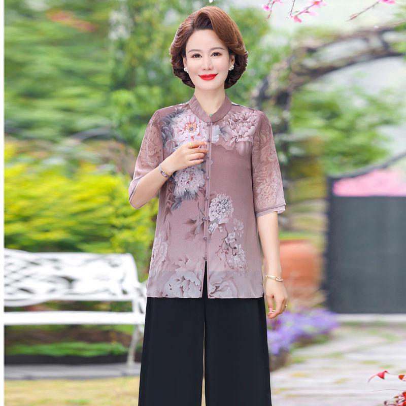 Middle-Aged Women's Summer Cotton & Linen Short-Sleeve T-Shirt Set