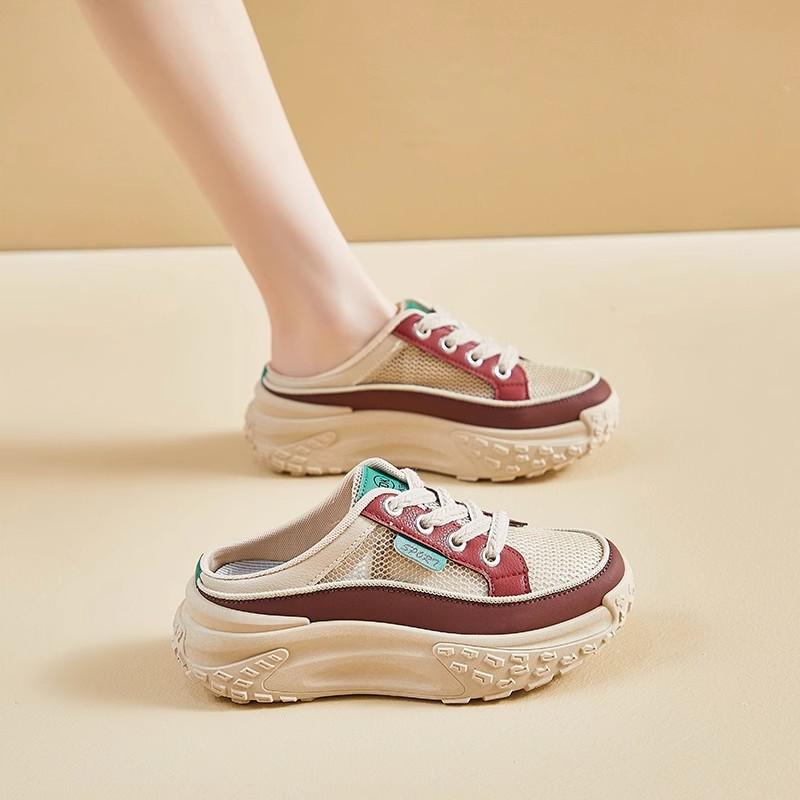 Summer Women's Thick Soles Increase Mesh Women's Sport Slippers Lace Up Half Slipper Casual Shoes Ladies Slides Sneakers