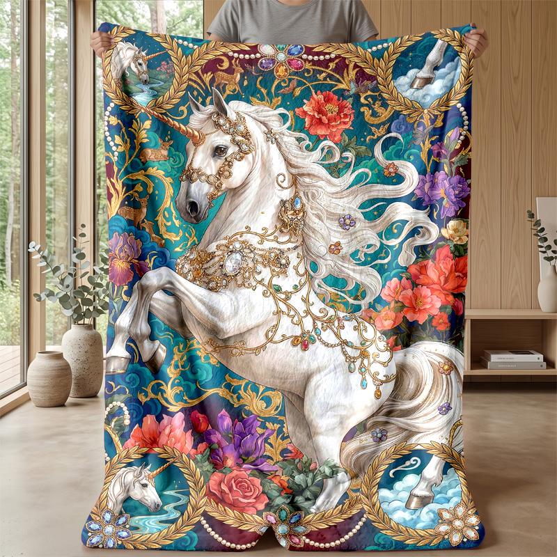 Ornate Unicorn with Flowers Theme blanket Lightweight Warm Flannel Blanket Decorative Throw Blanket for Home Decoration