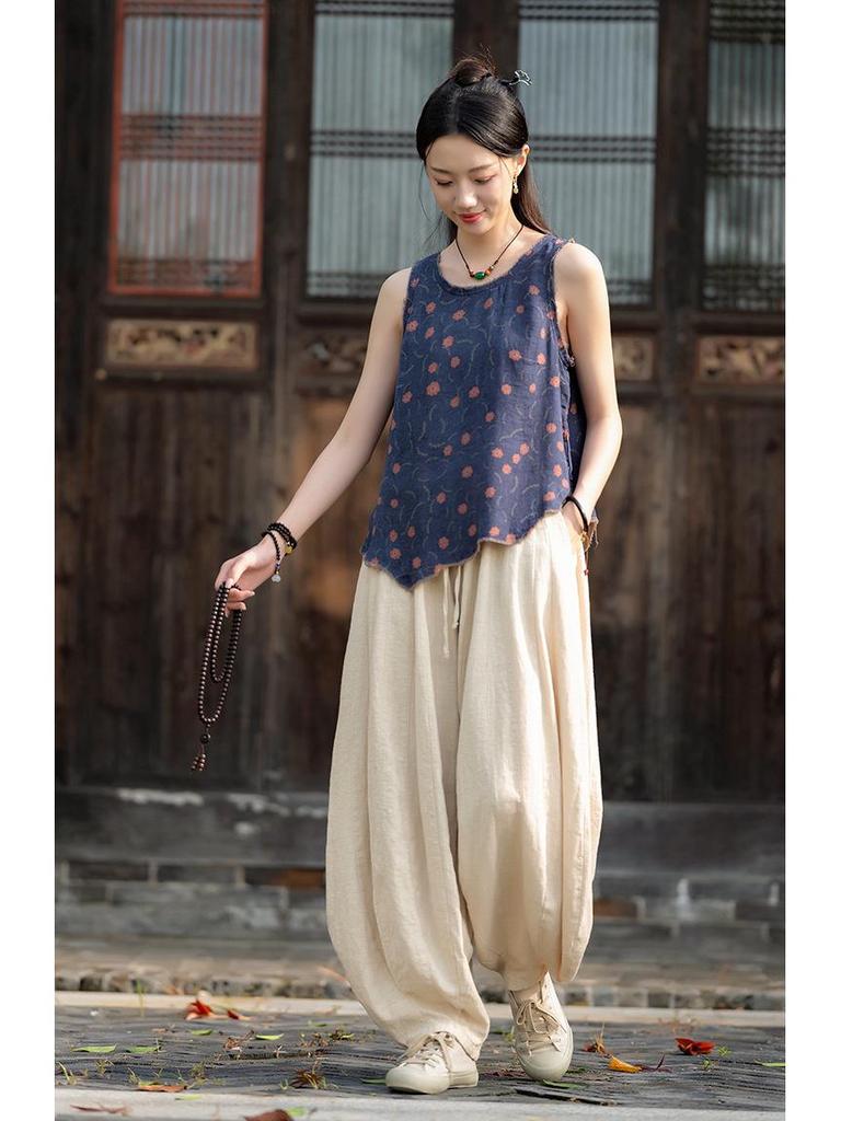 Women's Artistic Retro Loose Cotton Linen Pumpkin Patchwork Lantern Pants