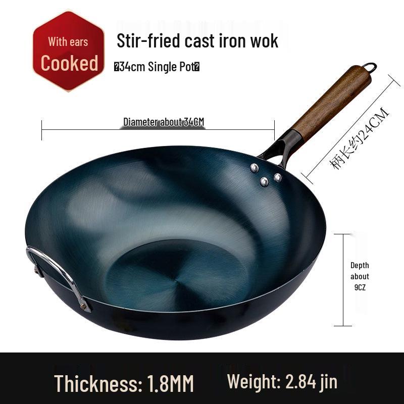 Old-Fashioned Cast Iron Non-Stick Wok for Stir-Frying on Home Gas Stove, Round Bottom Frying Pan
