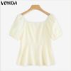 VONDA Women Square Collar Puff Sleeve Ruffled Casual Rumple Blouse