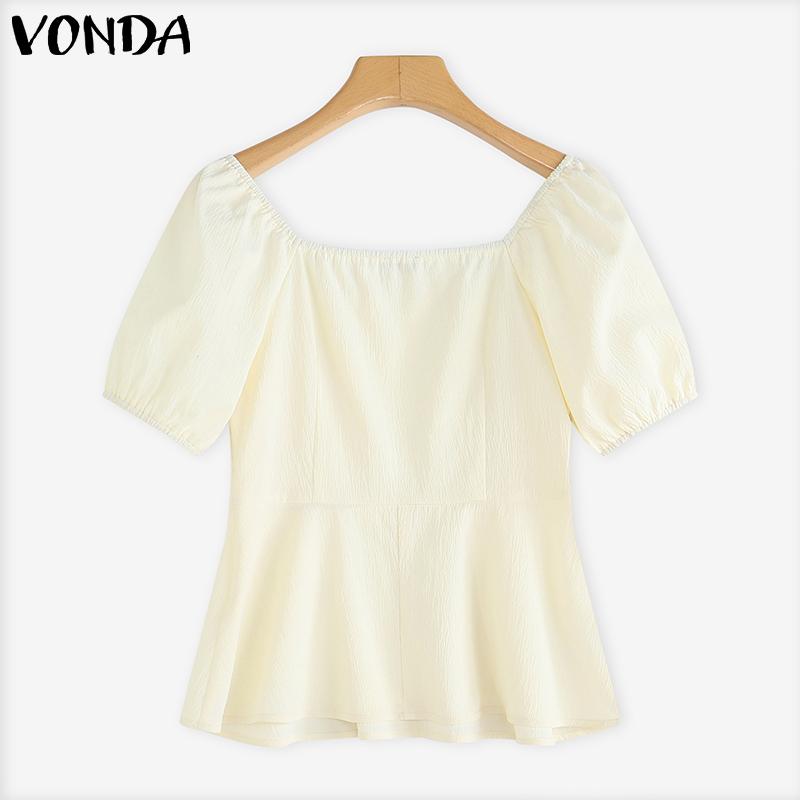 VONDA Women Square Collar Puff Sleeve Ruffled Casual Rumple Blouse