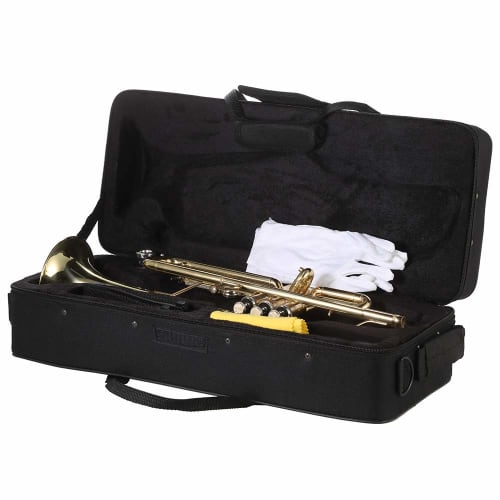 Juspins Trumpet Bb Flat, Brass Gold Finish, Exquisite and Durable Instrument with Mouthpiece, Gloves, Strap, and Case