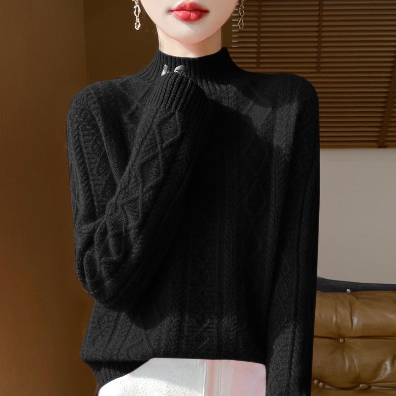 Women's High-Neck Diamond Pattern Knit Pullover Sweater, 2024 Autumn/Winter, Loose Fit, Thickened Short Base Layer