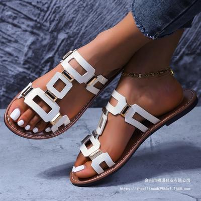 European and American Large Size 2025 New Summer Buckle Flat Bottom One-word Slippers Open-toed Beach Cool Slippers 2025
