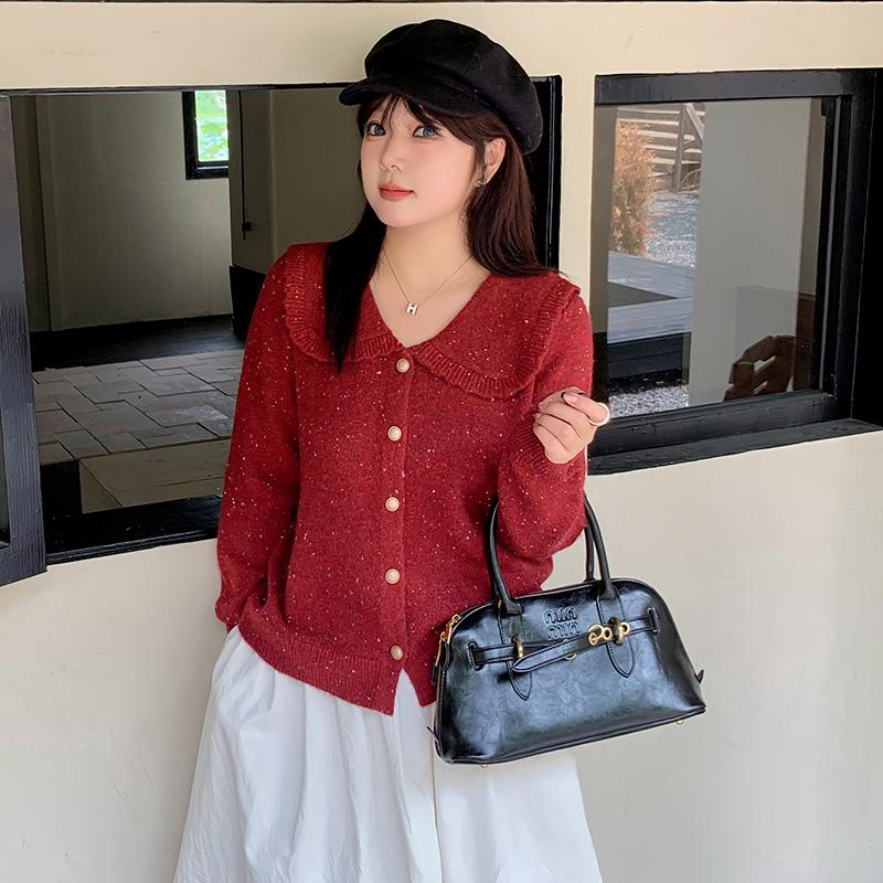 

Plus Size Women s Doll Collar Color Dot Knit Cardigan Sweater XXXL бордовий