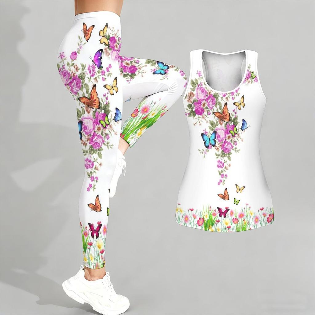 Schmetterlings-Print Yoga-Outfit für Damen Mode Trainings-Leggings Fitness Sport Lässiges Yoga-Set Sportanzug