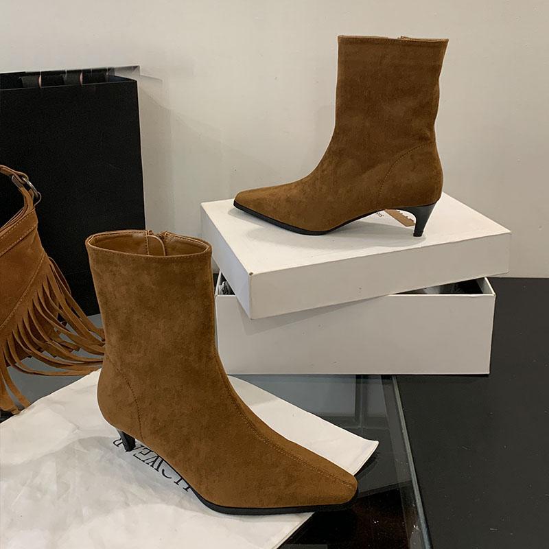 Mode Mode Niedriger Absatz Schuhe Flock Damen Knöchel Modern Stiefel Mit Schuhen Spitze Zehenpartie Damen Kurze Stiefeletten Reißverschlüsse Schuhe Damen Pumps