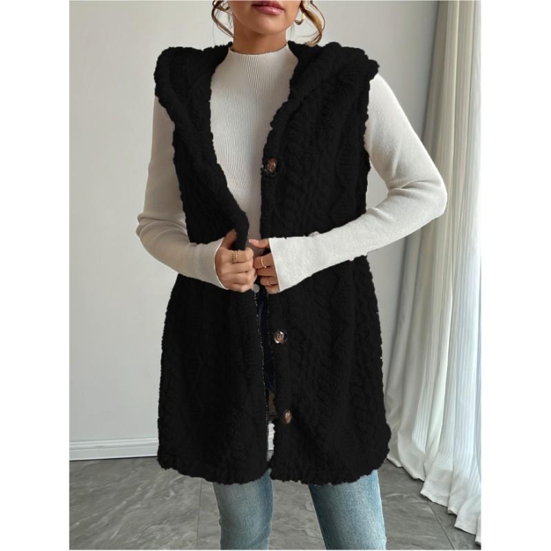 Women's Solid Color Knit Textured Fluffy Hooded Front Open Sleeveless Long Casual Plush Vest