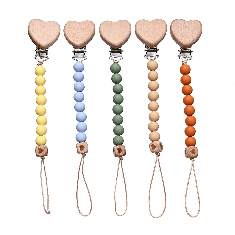 Pendant for Newborn Toys Gift New Beech Wooden Heart Beads Baby Pacifier Chain Clip Silicone Beads Dummy Nipple Holder Teether