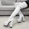 Fashion new thick heel waterproof table patent leather round head high heel white knee boots large size women's boots