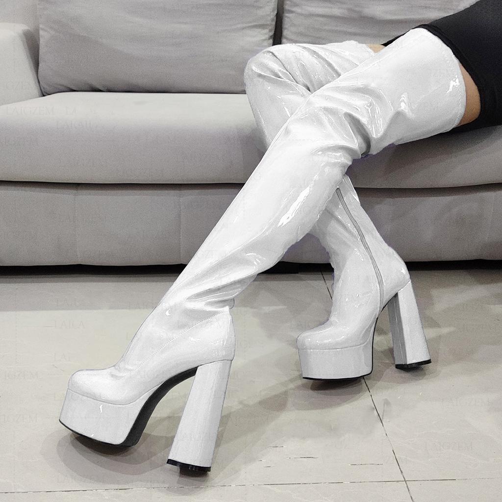 Fashion new thick heel waterproof table patent leather round head high heel white knee boots large size women's boots
