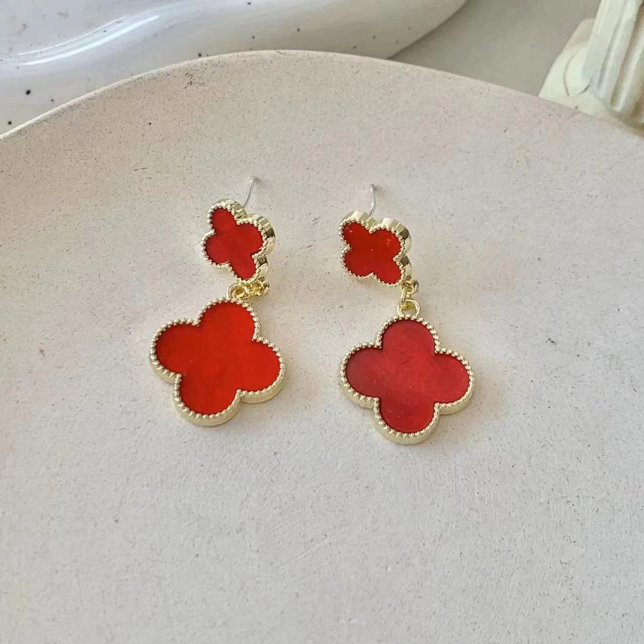 Длинные серьги с четырьмя лепестками клевера, серьги с мраморной текстурой, темпераментные сетчатые красные осенние и зимние серьги зелёный