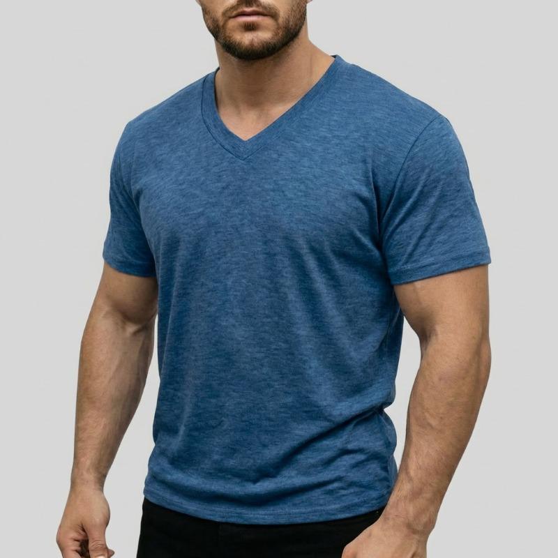 Men V Neck Short Sleeve T Shirt Slim Fit Solid Color Casual Basic Top