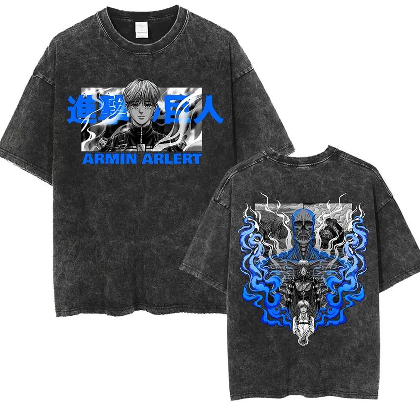 Anime Attack Titan Retro Wash Bedrucktes T-Shirt Mikasa Ackerman Eren Jaeger Freie Flügel Muster Herren Sommer T-Shirt